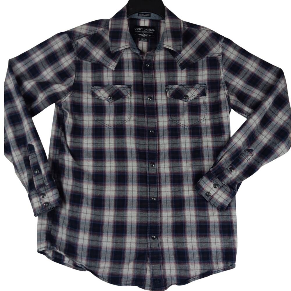 Cody James Western Shirt Mens Medium Gray/Blue Plaid Black Pearl Snap Rockabilly